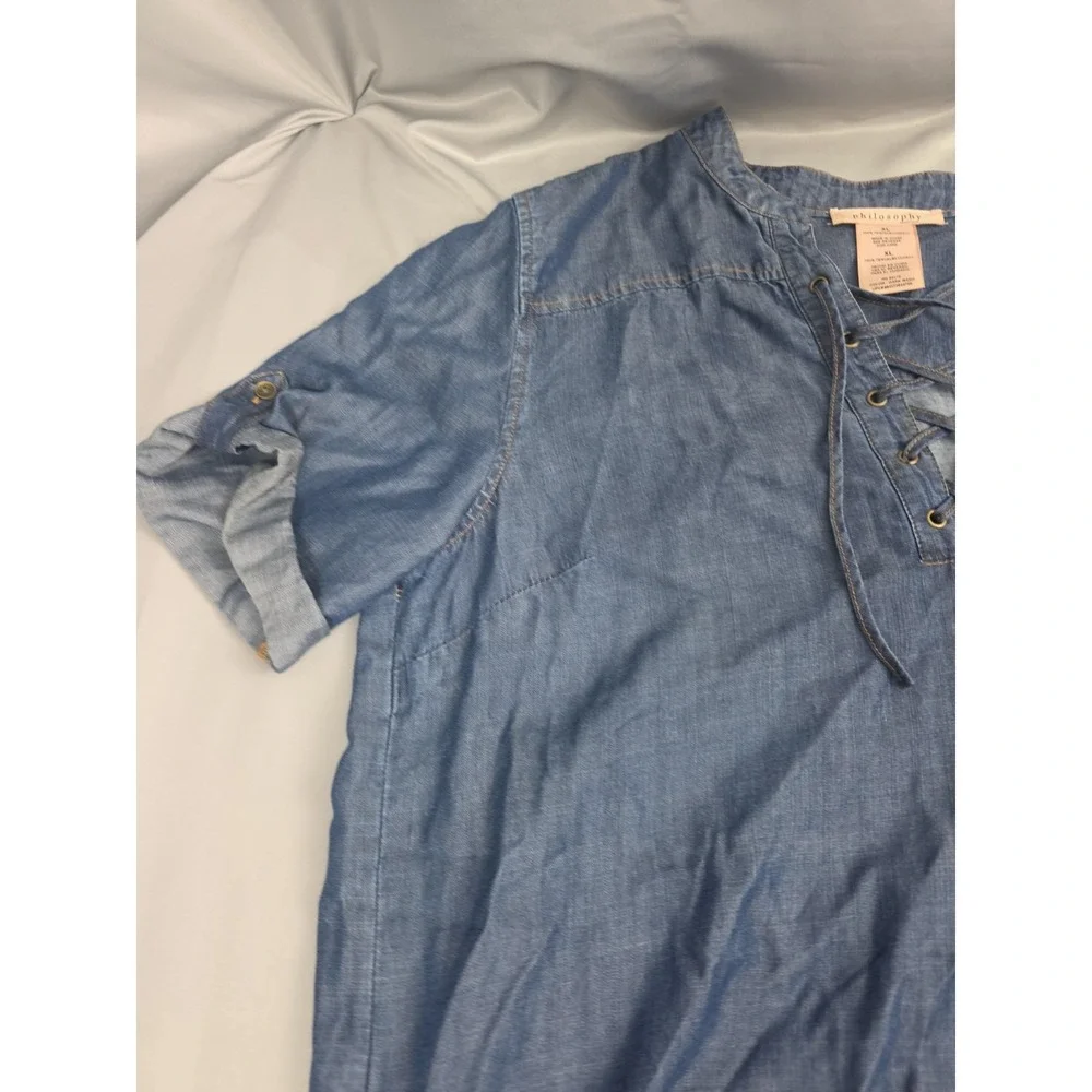 Philosophy Women's Dress Chambray Tunic Style Shirt Dress Lace Up XL Tencel
